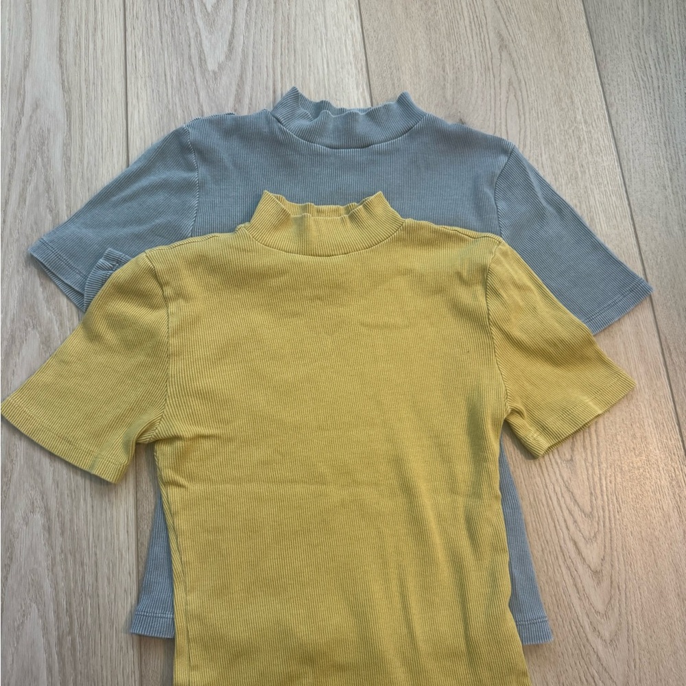 Anthropology Ribbed Turtleneck Set! Blue and Burnt Yellow-ish.